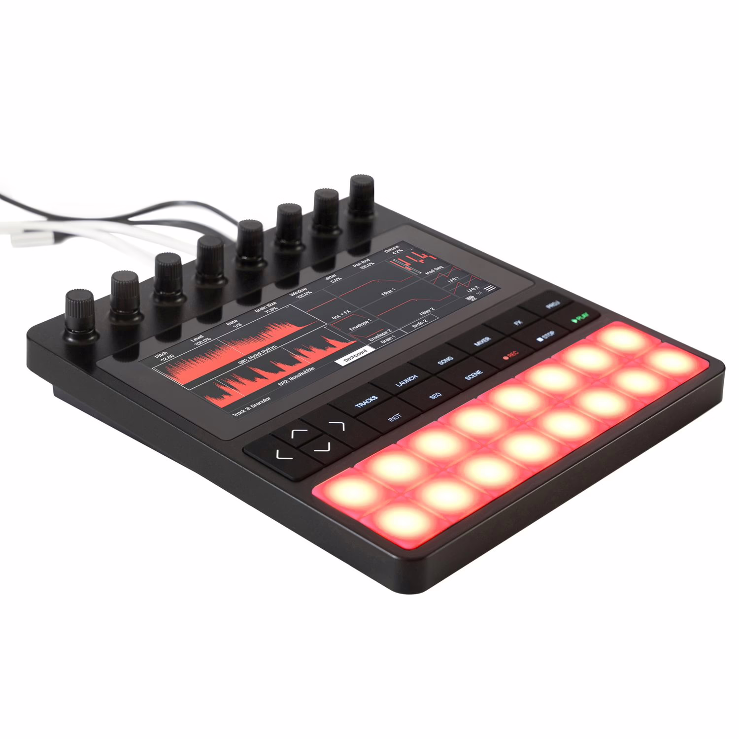 Les seize pads et encodeurs du 1010music Bento vus en angle
