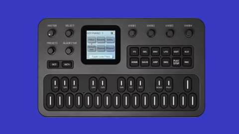 Synthétiseur FM de poche M-VAVE FM-1 vu de face avec son écran couleur et ses boutons