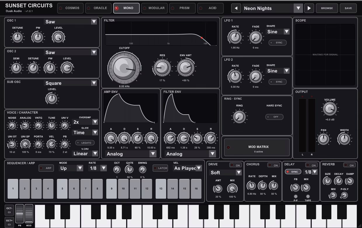 Le moteur Mono de Sunset Circuits, une voix monophonique agressive à deux oscillateurs plus sub