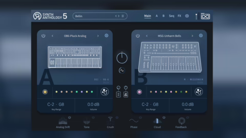 Interface principale de UVI Synth Anthology 5 et sa bibliotheque de 300 synthes echantillonnes