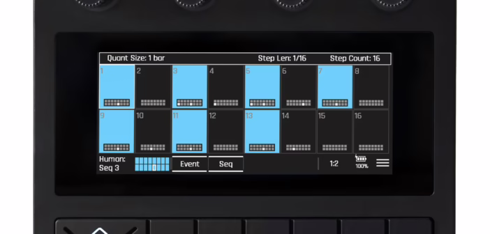 Le 1010music blackbox 2 de face, avec son écran tactile couleur 4 pouces et ses quatre encodeurs
