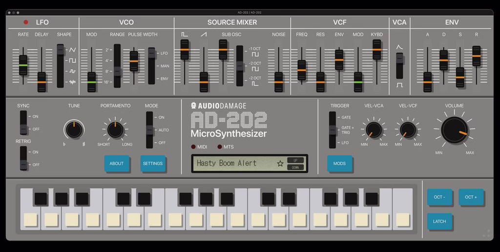 Interface principale du synthétiseur logiciel Audio Damage AD-202 émulant la Roland MC-202