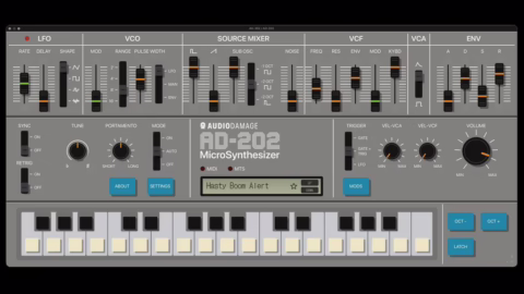 Interface principale du synthétiseur logiciel Audio Damage AD-202 émulant la Roland MC-202