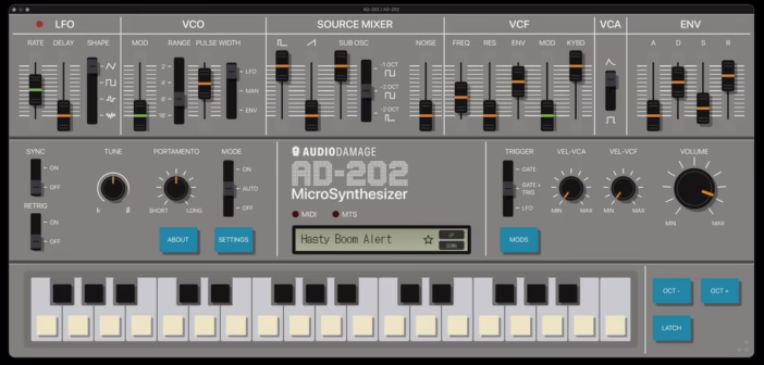 Interface principale du synthétiseur logiciel Audio Damage AD-202 émulant la Roland MC-202