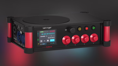 Enregistreur de terrain Behringer FLOW 4V vue de dessus avec ses preamplis et son ecran