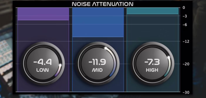 Interface du plugin CEDAR Voxis montrant l'atténuation de bruit sur les trois bandes Low, Mid et High