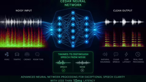 Schéma du réseau neuronal CEDAR séparant la voix du bruit de fond avec une latence inférieure à 10 ms