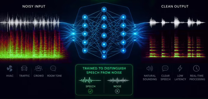 Schéma du réseau neuronal CEDAR séparant la voix du bruit de fond avec une latence inférieure à 10 ms