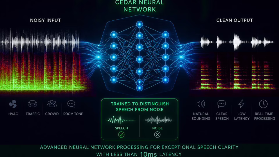 Schéma du réseau neuronal CEDAR séparant la voix du bruit de fond avec une latence inférieure à 10 ms