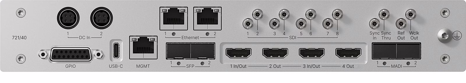 Rear connectivity of the Lawo Edge One: SDI, HDMI, MADI, USB-C and networking