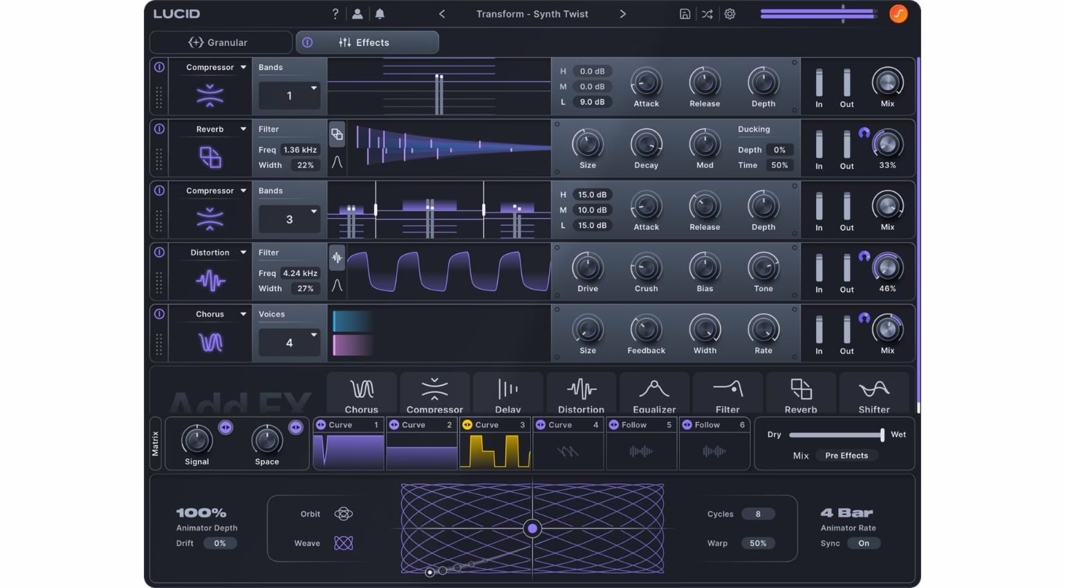 Modular effects rack in Minimal Audio Lucid