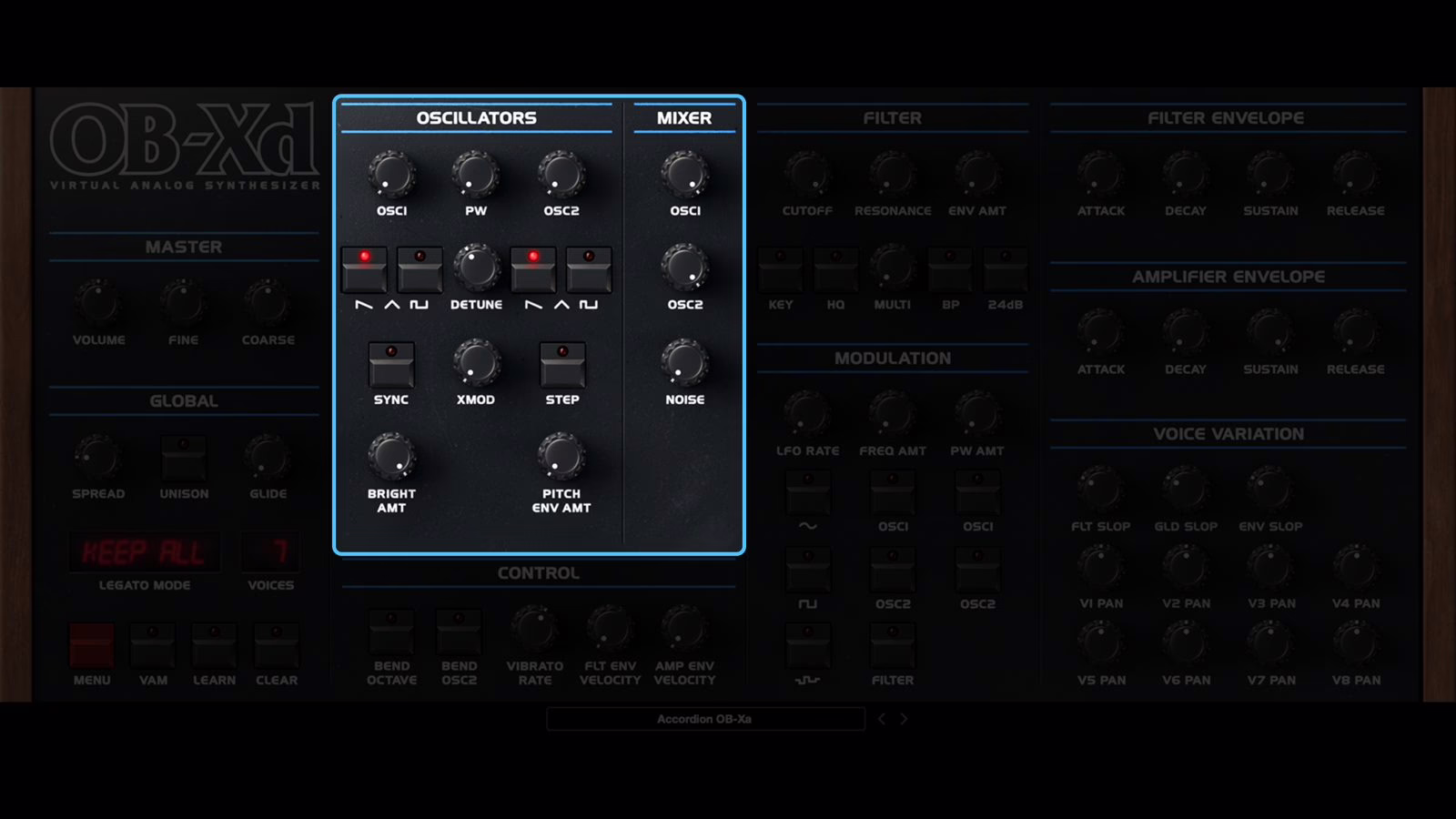 Interface of discoDSP OB-Xd, inspired by the Oberheim OB-X