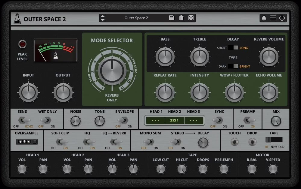Interface of the AudioThing Outer Space 2 plugin emulating the Roland RE-201 Space Echo
