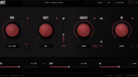 L'interface du plugin Panoramic de Panorama Audio Labs avec ses sections Width, Density, Character et Air