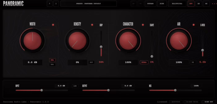 L'interface du plugin Panoramic de Panorama Audio Labs avec ses sections Width, Density, Character et Air