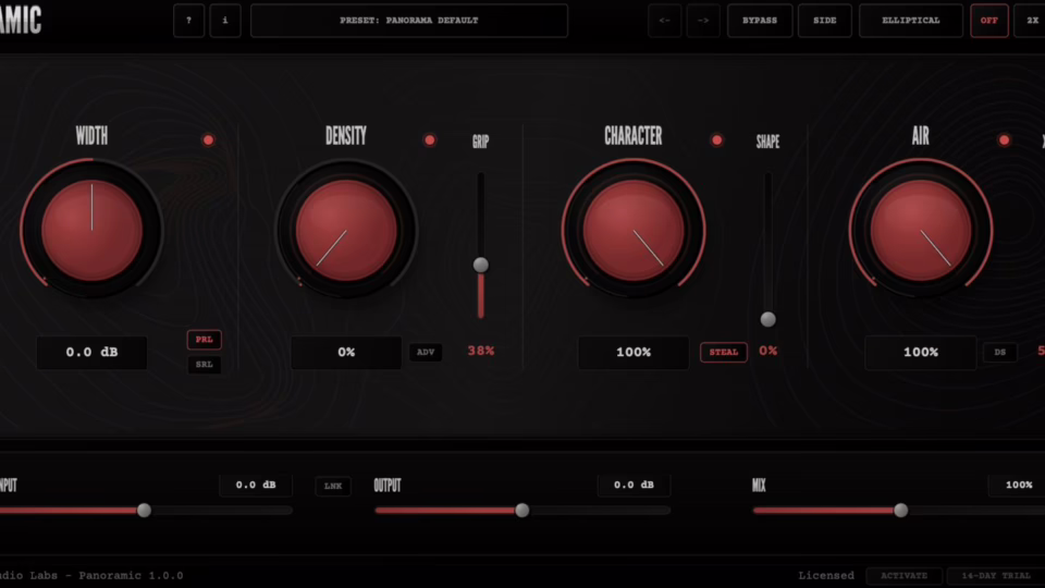 L'interface du plugin Panoramic de Panorama Audio Labs avec ses sections Width, Density, Character et Air