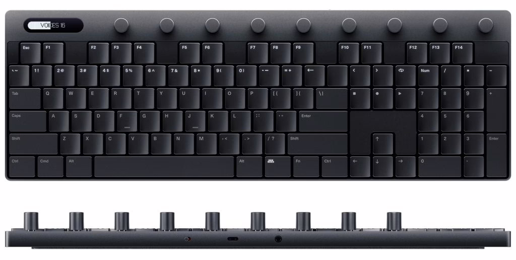 Le Polyend Keys en finition noire, vue de dessus et de dos : clavier mécanique et contrôleur MIDI