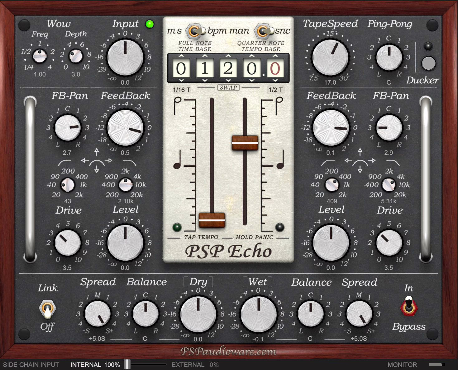 Interface of the PSP Echo plugin, a creative tape delay from PSPaudioware