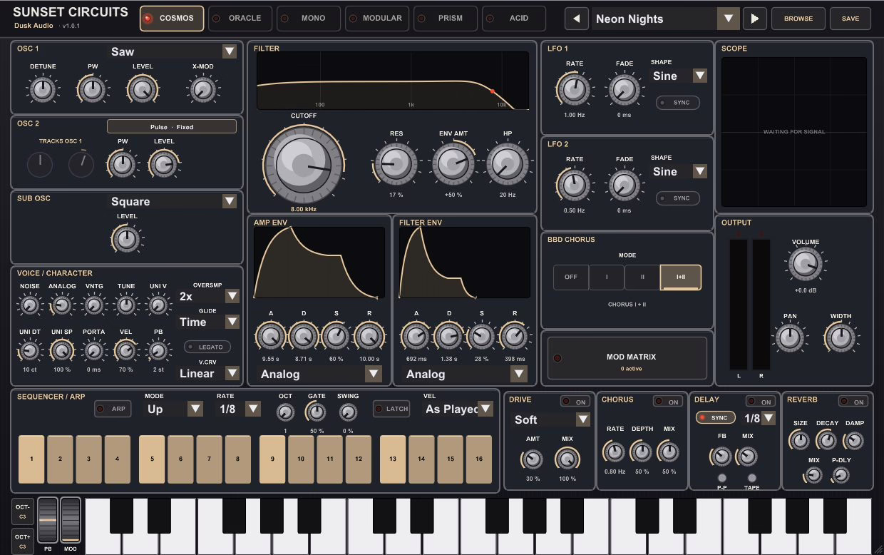 Interface of the free open-source Dusk Audio Sunset Circuits synthesizer