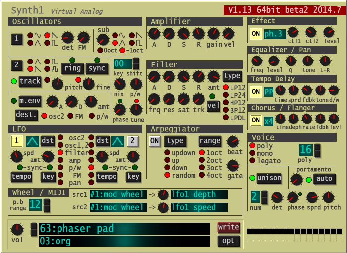 Interface of the free Synth1 software synthesizer by Ichiro Toda