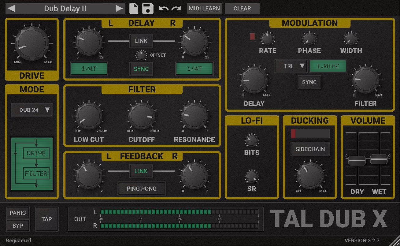 Interface of the TAL-Dub-X plugin, a dub and analogue delay from Togu Audio Line