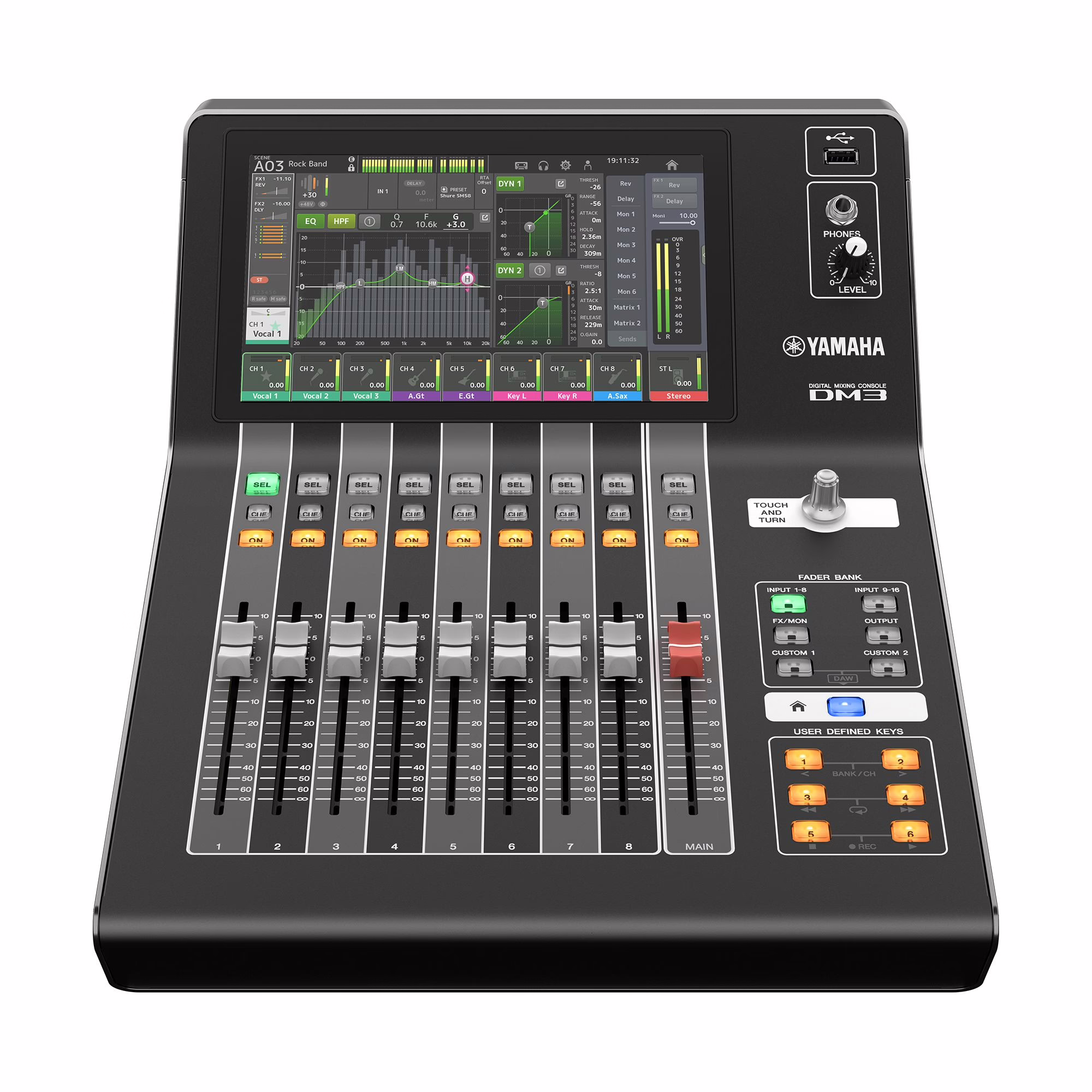 Compact digital mixing console seen from above, with motorised faders and a touchscreen