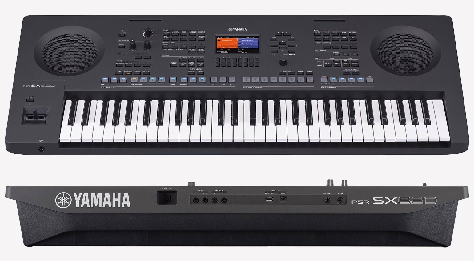 Face avant et connectique arrière du Yamaha PSR-SX620