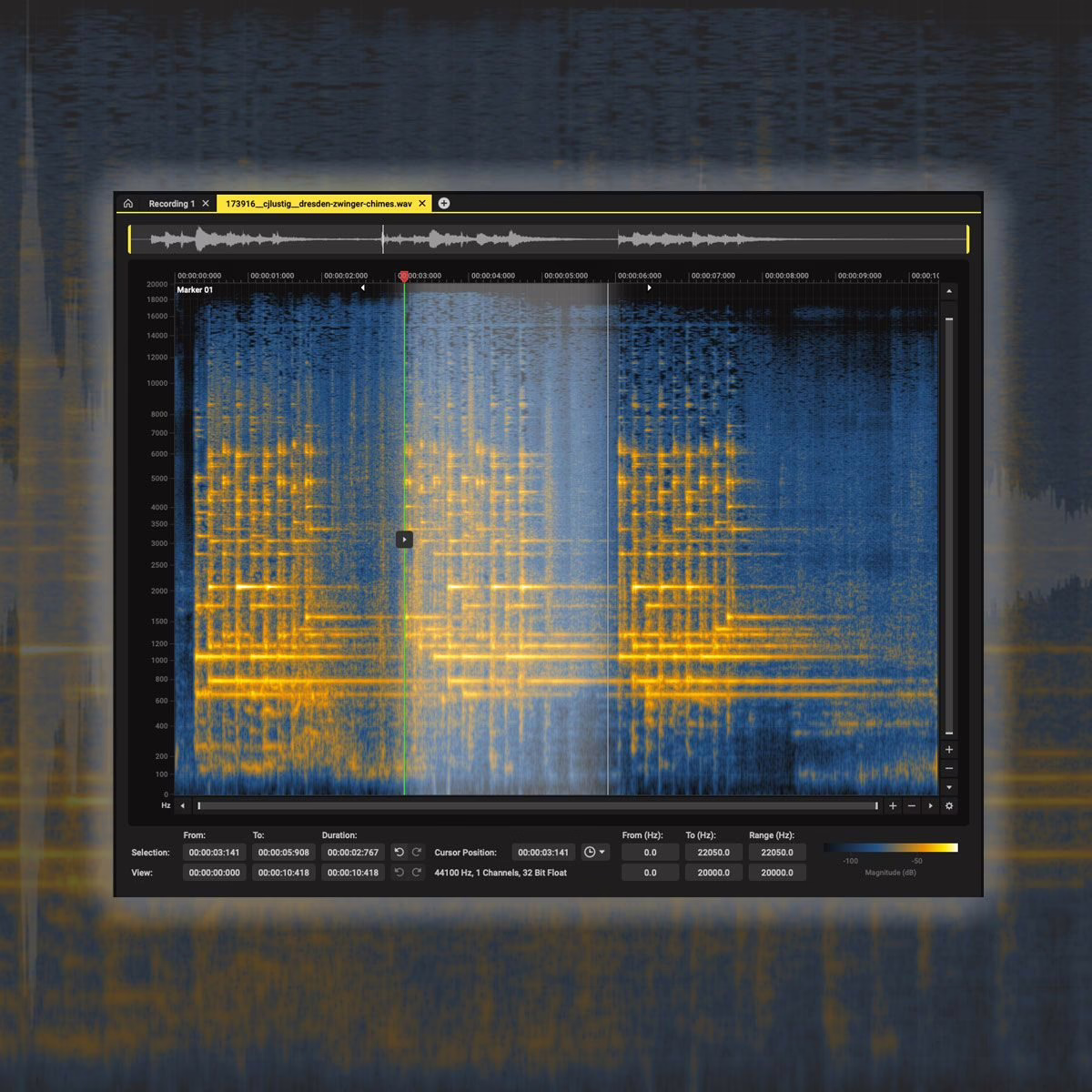 Éditeur spectral d'Acoustica 8 avec vue stéréo colorée sur le spectrogramme