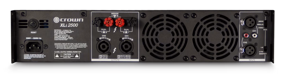 Rear panel of a Crown XLi 2500 power amplifier with XLR inputs and Speakon outputs