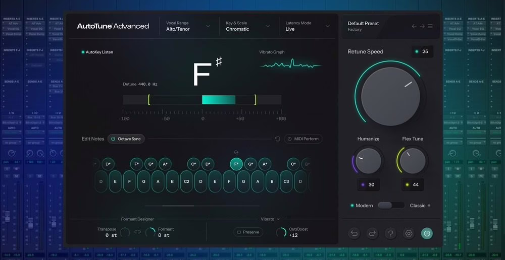 L’interface du plugin Antares Auto-Tune Advanced avec le moteur de vibrato DVA