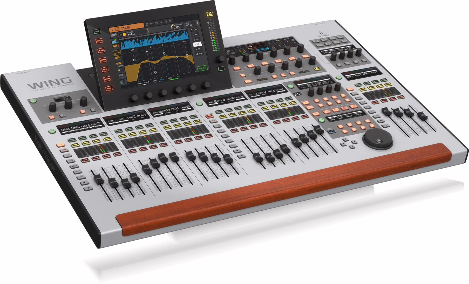 The Behringer WING digital mixing console and its 24 motorized faders