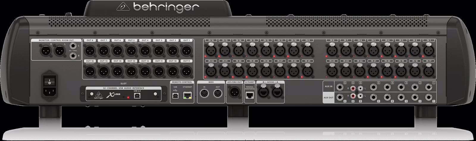 Rear panel of the Behringer X32 with its expansion-card slot