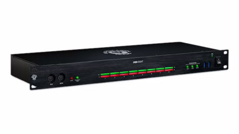 L'interface MIDI Black Lion Audio MIDI Eight au format rack 1U, vue de trois quarts