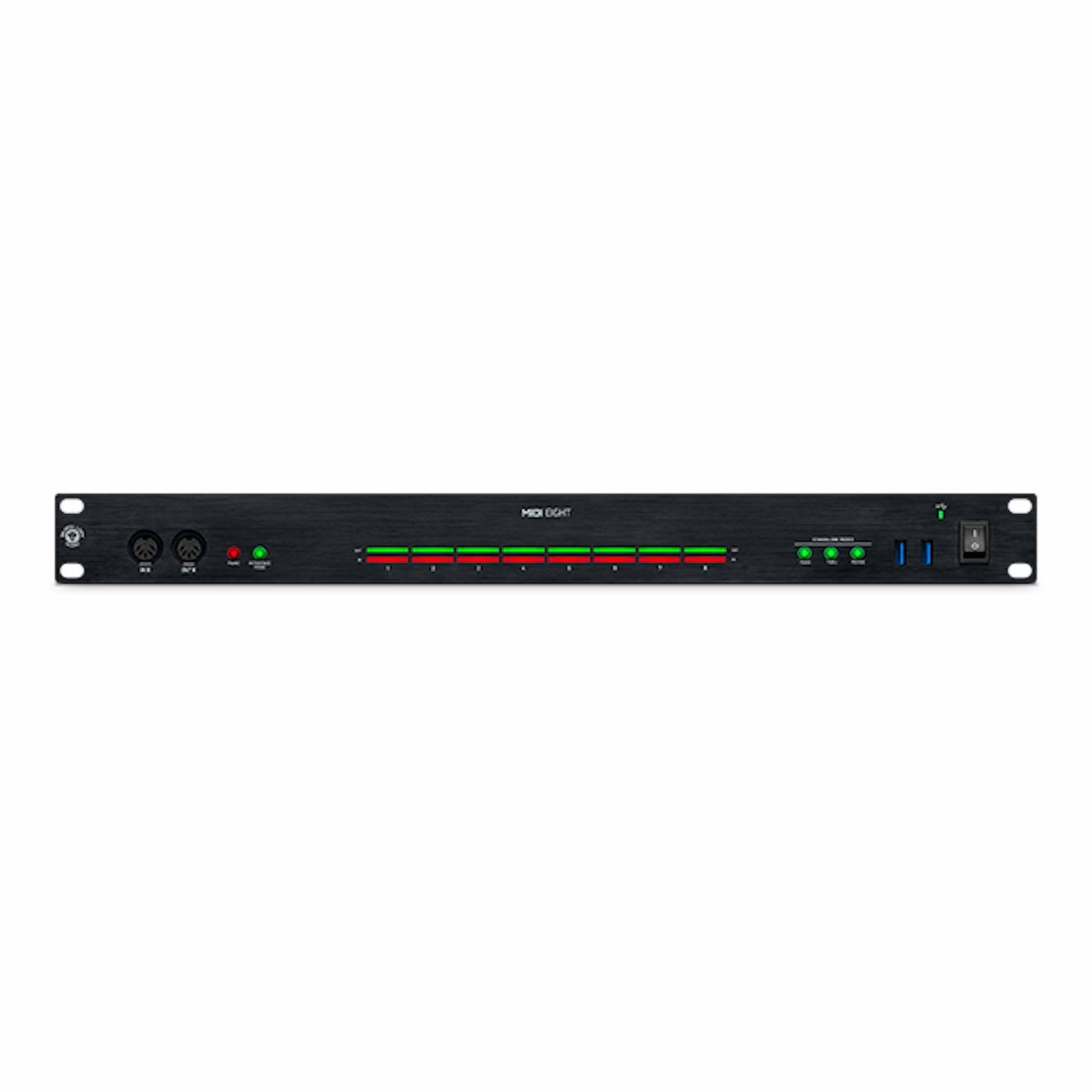Front panel of the MIDI Eight with its MIDI activity indicators and Panic button
