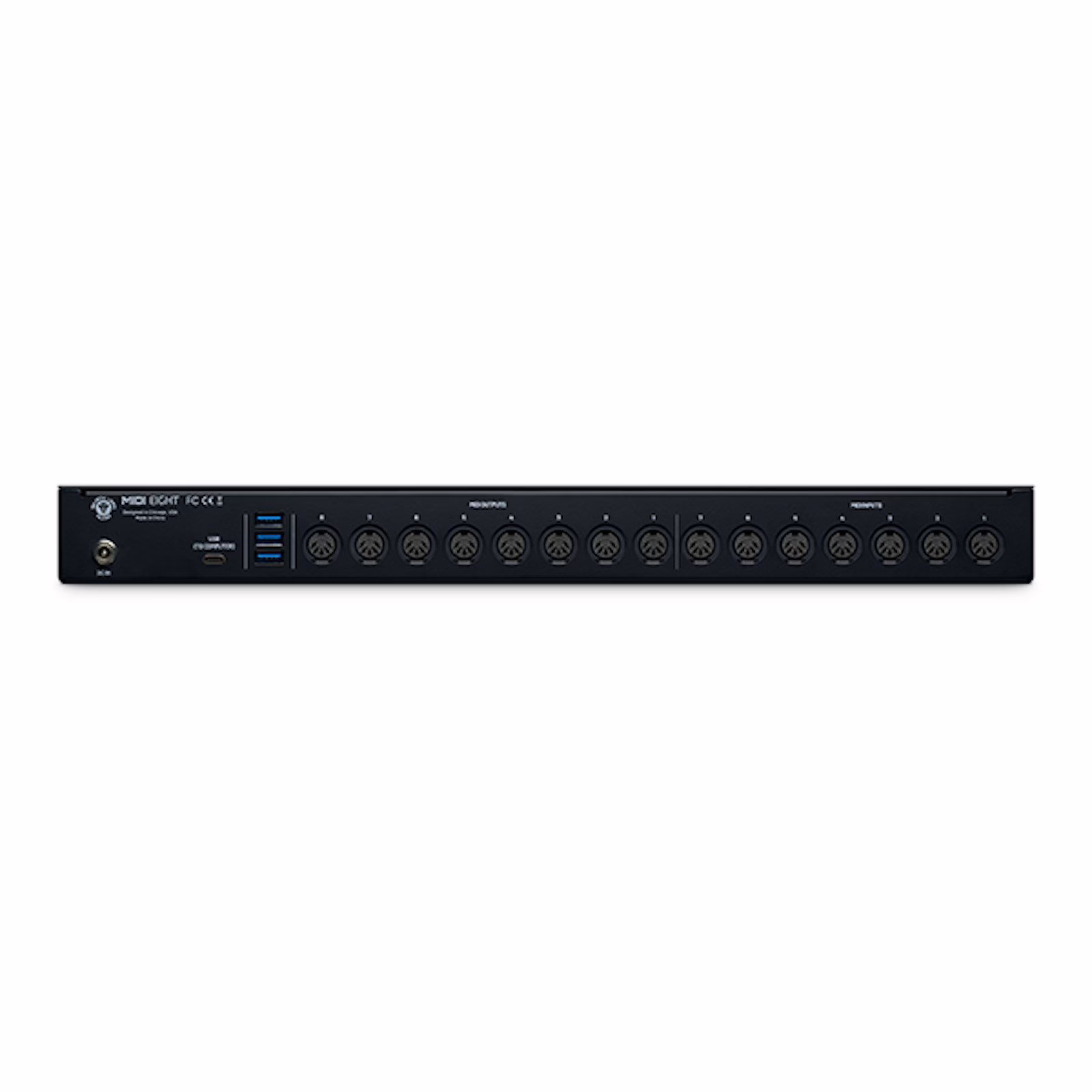 Rear panel of the MIDI Eight: eight MIDI DIN ins and outs and a USB hub