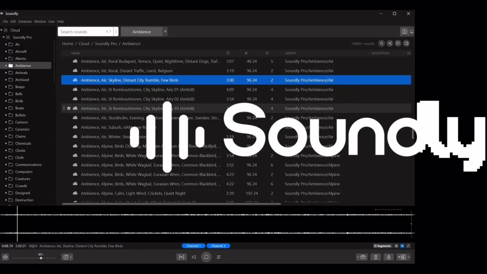 Samplitude 2026 : interface principale avec l'integration Soundly ouverte dans le navigateur de sons