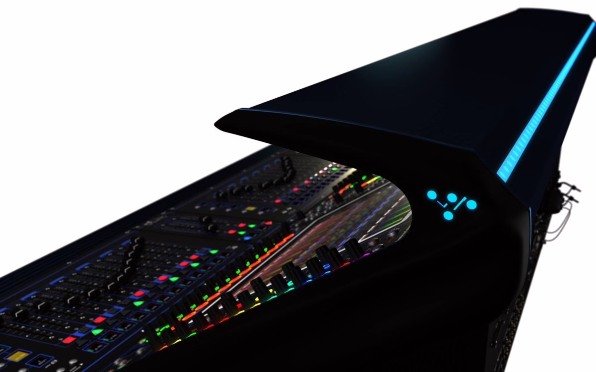 Vue de trois-quarts d'une console numérique de scène