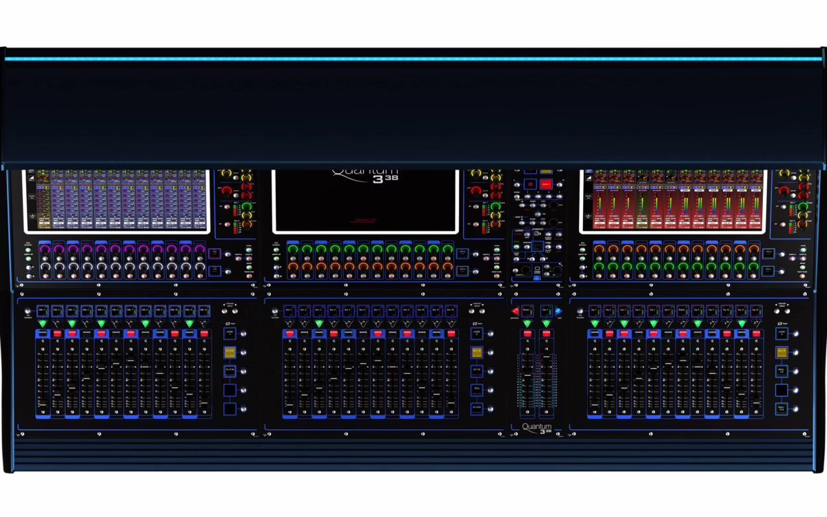 Vue de dessus des faders motorisés et des écrans d'une console live numérique
