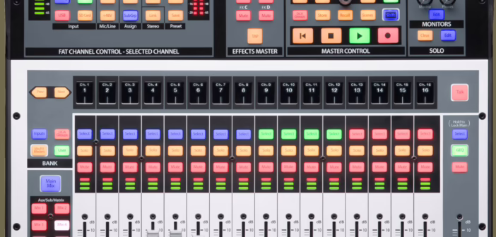 Une console de mixage numérique de scène, dont la surface s'organise en groupes et VCA