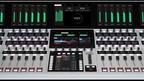 Console broadcast modulaire DHD MX3 en large configuration avec ponts de bargraphes et modules de faders