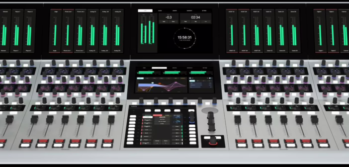 Console broadcast modulaire DHD MX3 en large configuration avec ponts de bargraphes et modules de faders