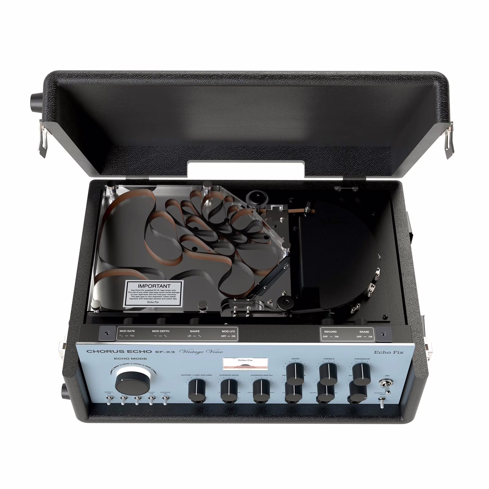 Le mécanisme à bande de l'EF-X3 Vintage Voice, capot ouvert