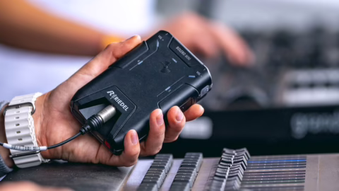 Beltpack d'intercom sans fil pose sur une regie de production