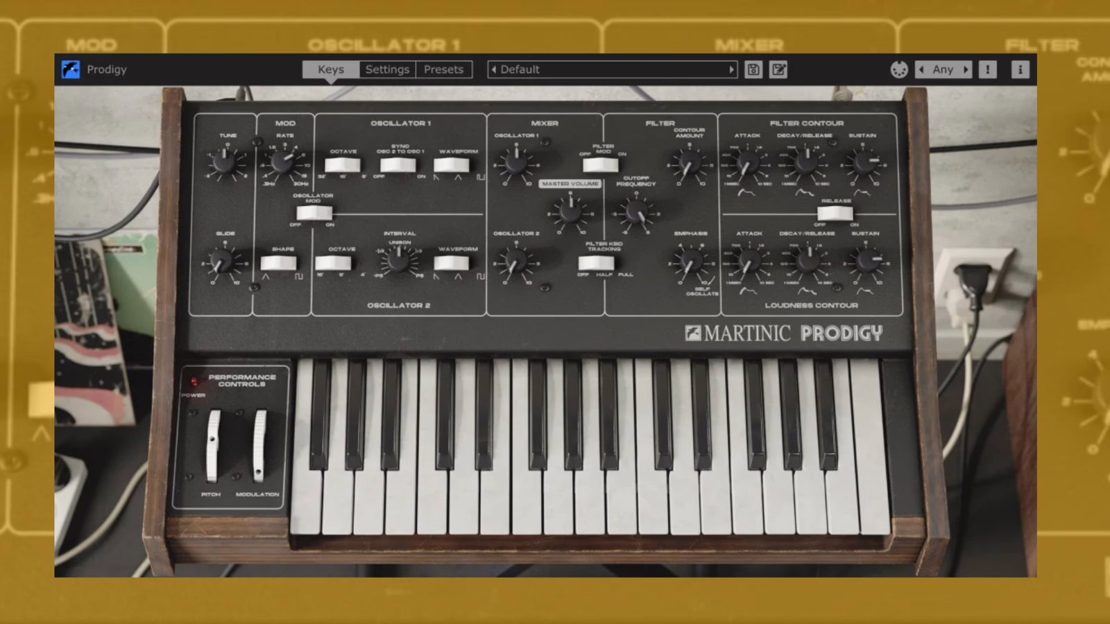 The Martinic Prodigy vintage panel reproduces the front of the Moog monosynth