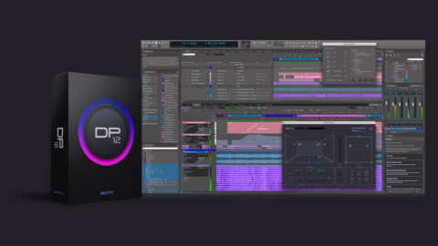 MOTU Digital Performer 12 : la boîte du logiciel et l'interface avec la séparation de stems et le panner Dolby Atmos