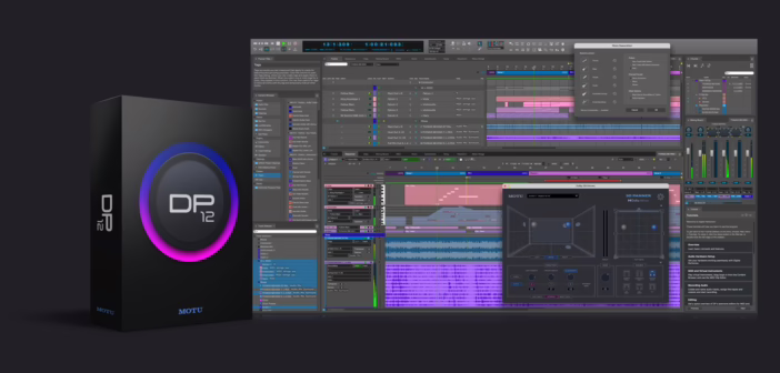 MOTU Digital Performer 12 : la boîte du logiciel et l'interface avec la séparation de stems et le panner Dolby Atmos