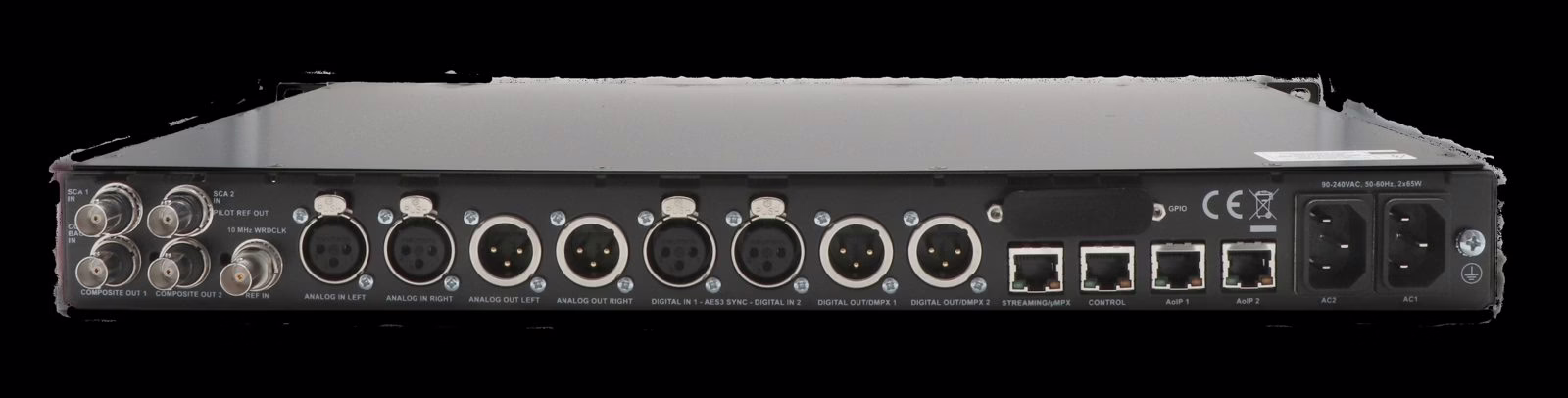 La face arriere de l'OPTIMOD 5950 : connectique analogique, AES et audio-sur-IP