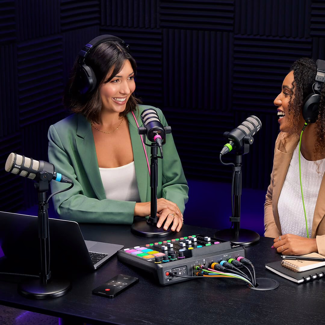 A multi-guest podcast setup around a RODECaster Pro II console
