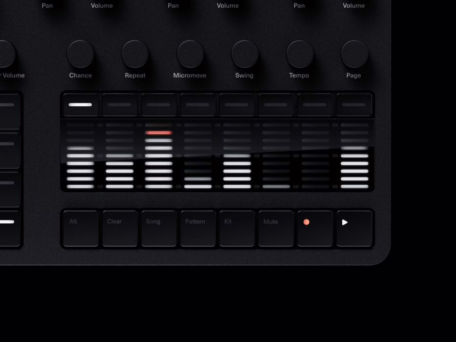 Polyend Drums seen at an angle, control surface and X/Y fader