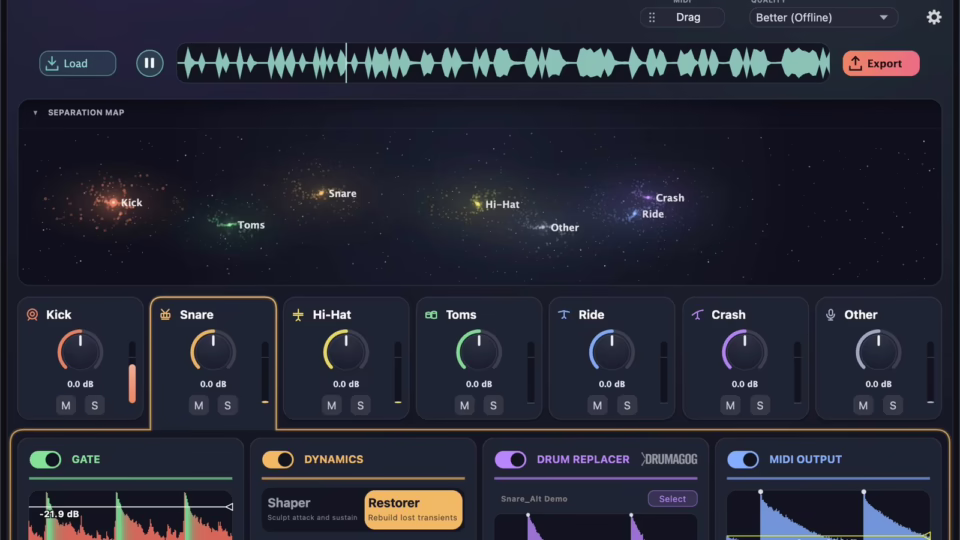 Interface complète de WaveMachine Labs ReStem 2 avec les sept tranches de batterie séparées
